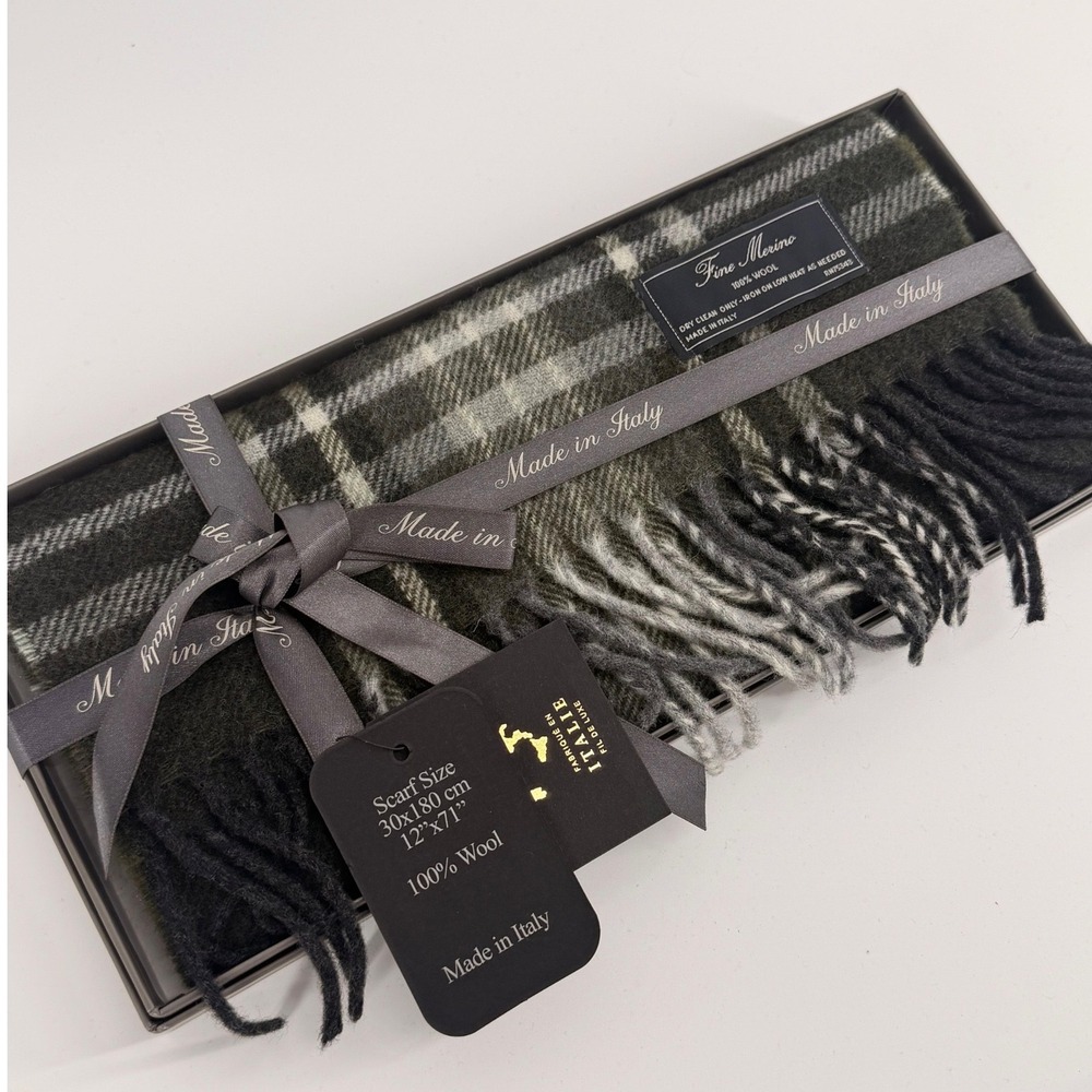 Linea Emmeti 100% Merino‎ Wool Plaid Scarf Olive Green Made in Italy 12x71 NIB